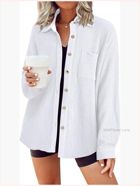 Tops - Waffle Knit Button Down Shirt Women Casual Long Sleeve Lightweight Dressy Work